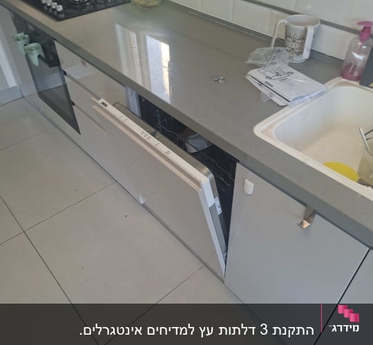מטבח עם מדיח כלים פתוח ומשטח עבודה נקי